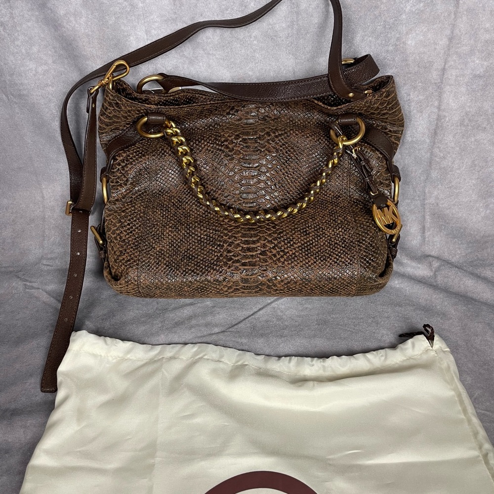 Michael Kors Tristan Large Satchel/Crossbody Python embossed Mocha Leather NWT